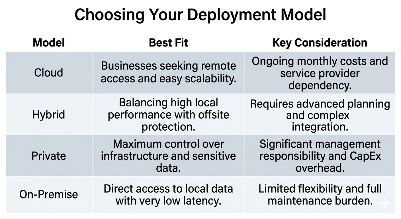 A comparison table highlighting the best fit and main considerations for Cloud, Hybrid, Private, and On-Premise storage models.