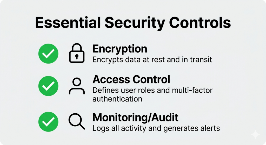 A visual checklist of essential security features including encryption at rest, multi-factor authentication, and audit logs.