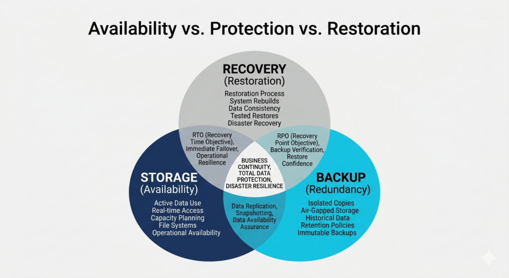 A Venn diagram explaining the differences and overlaps between data storage, data backup, and data recovery.