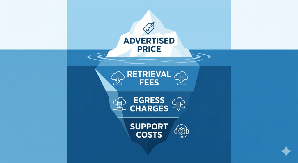 An iceberg diagram illustrating the hidden costs of data storage beyond the initial advertised price.