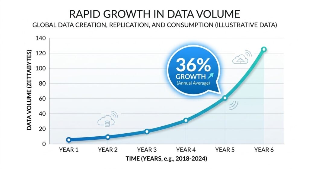 A line graph showing a steep upward trend in the volume of healthcare data generated annually.