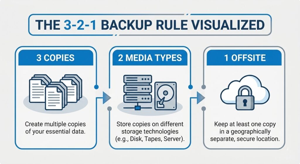 Diagram of the 3-2-1 backup rule showing three copies of data, two types of media, and one offsite cloud location.