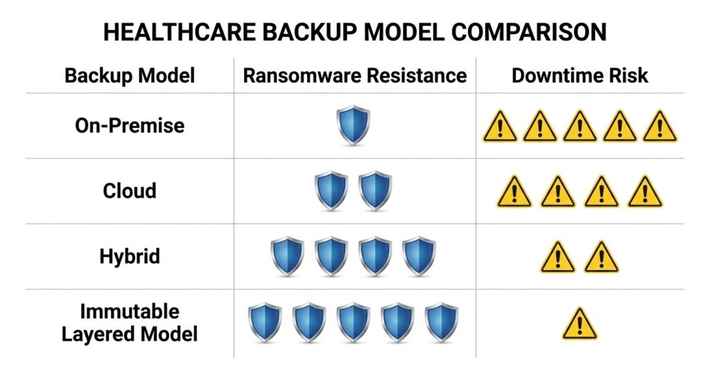 Comparison table of healthcare backup types and their effectiveness against ransomware.