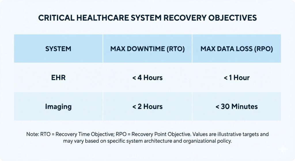Comparison table of Recovery Time Objectives and Recovery Point Objectives for EHR and Imaging.