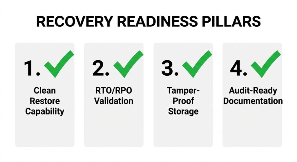 Checklist graphic showing the four steps to healthcare recovery readiness.