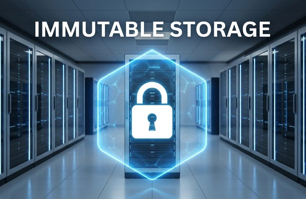 Digital representation of immutable backup storage showing a protected server rack that cannot be altered or deleted by ransomware.