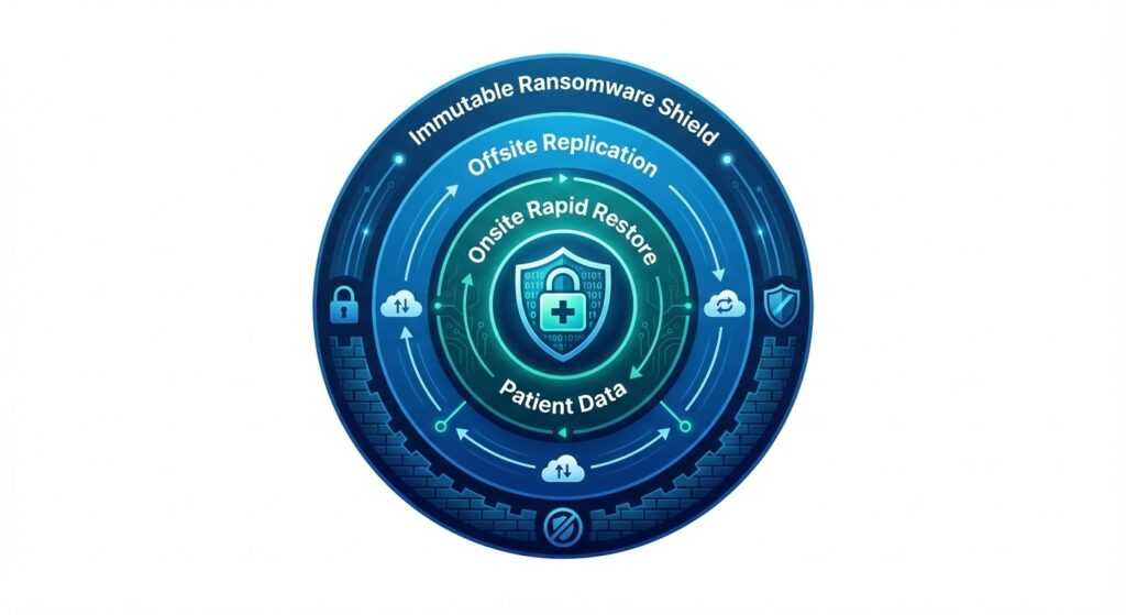Diagram of a layered backup strategy including onsite, offsite, and immutable storage layers.