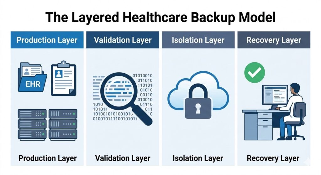 Infographic showing a layered healthcare data recovery model from production to isolation.