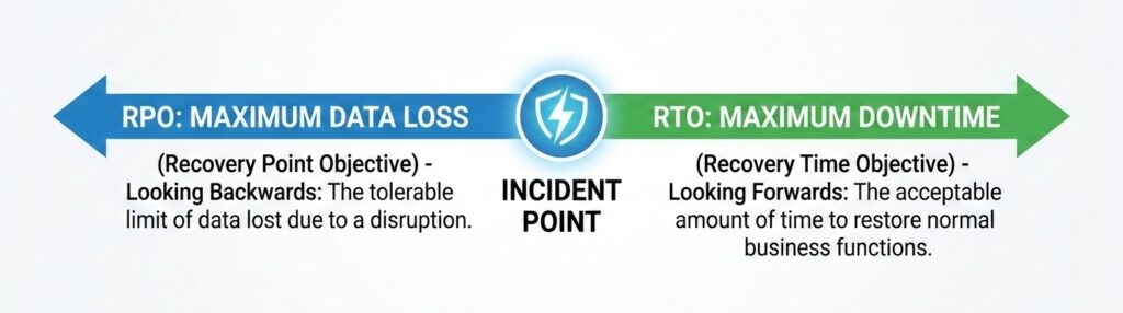 Infographic showing the difference between Recovery Point Objective (RPO) looking back at data loss and Recovery Time Objective (RTO) looking forward at downtime.