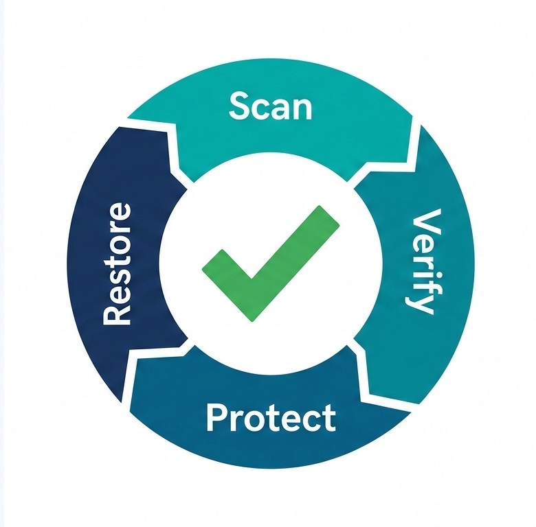 Circular flow chart showing the verified recovery process including scanning, verification, protection, and restoration.