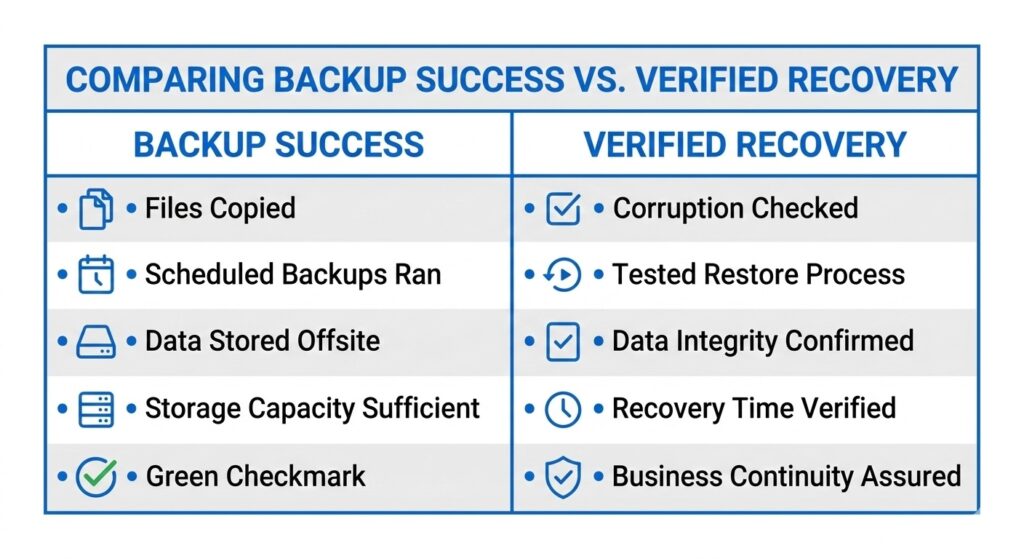 A table comparing a successful backup message versus a verified recovery state.