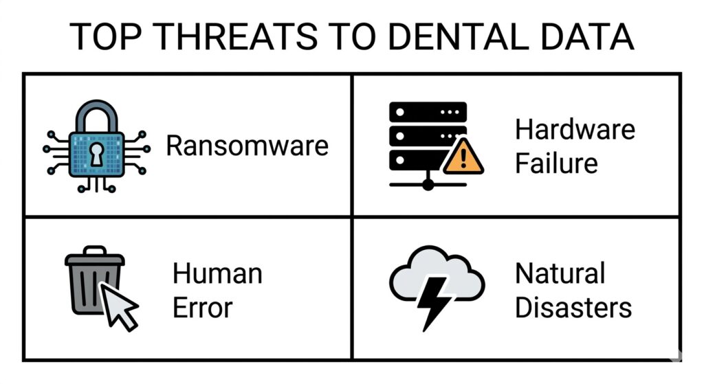 Infographic showing four icons representing ransomware, hardware failure, human error, and natural disasters.