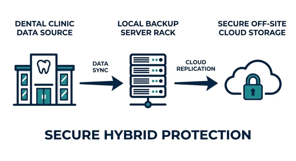 Diagram showing a secure data flow from a dental office to local storage and then to the cloud.