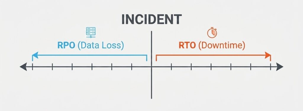 A timeline infographic comparing RPO (amount of data lost) and RTO (time to recover).
