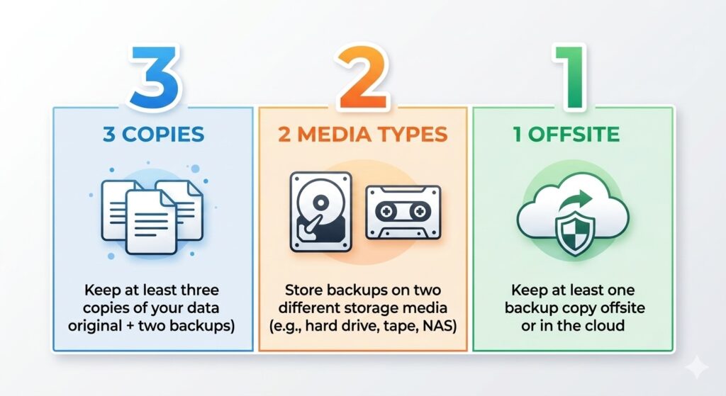Icons representing three copies of data, two different storage types, and one offsite location.
