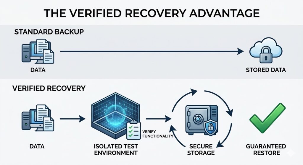 Infographic showing two loops. The first is a simple loop of 'Backup > Store > Restore'. The second is a complex loop including a central testing stage and a 'Verify' label, leading to 'Guaranteed Restore'.