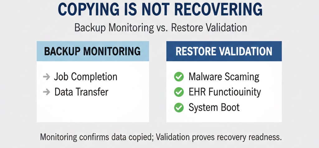 A comparison graphic showing that monitoring only checks if data moved, while validation checks if it works.