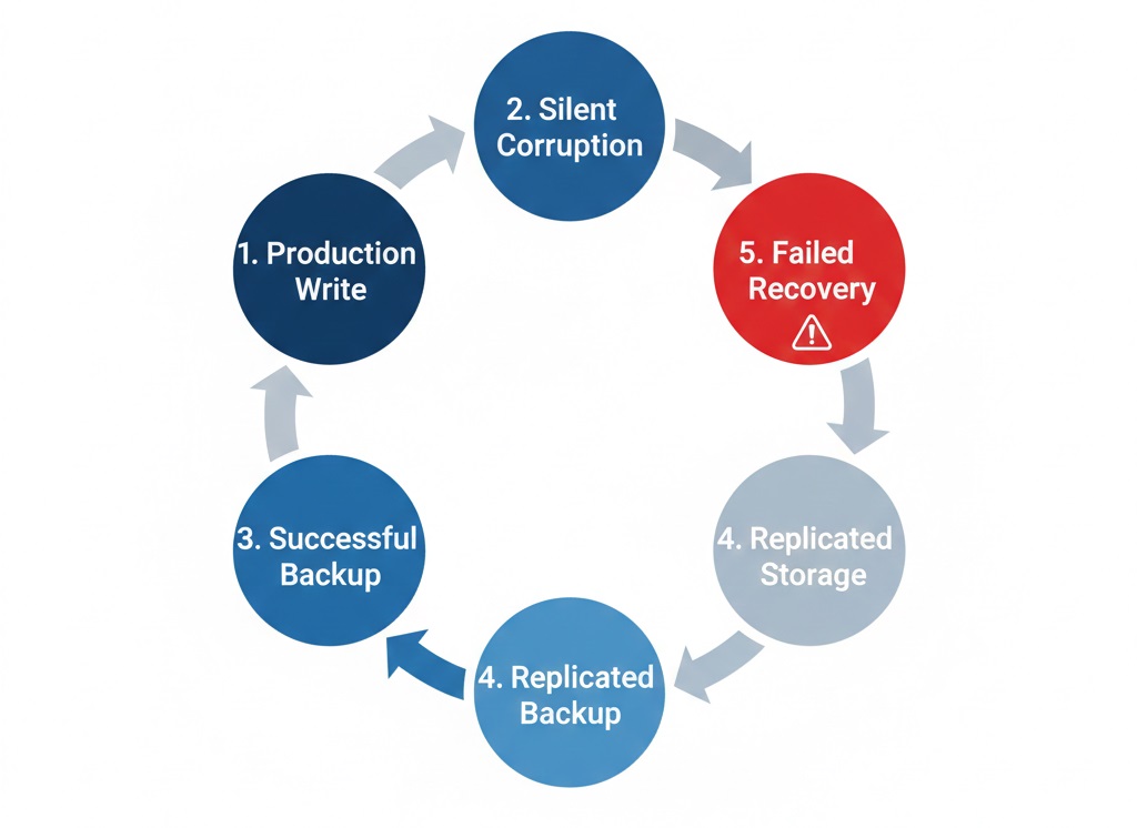Flowchart showing how silent data corruption moves from production to long-term backup storage.