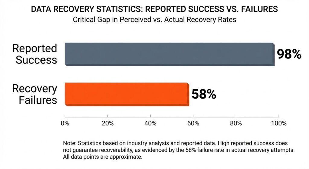 Bar chart showing that 58 percent of healthcare backups fail during recovery despite success reports.