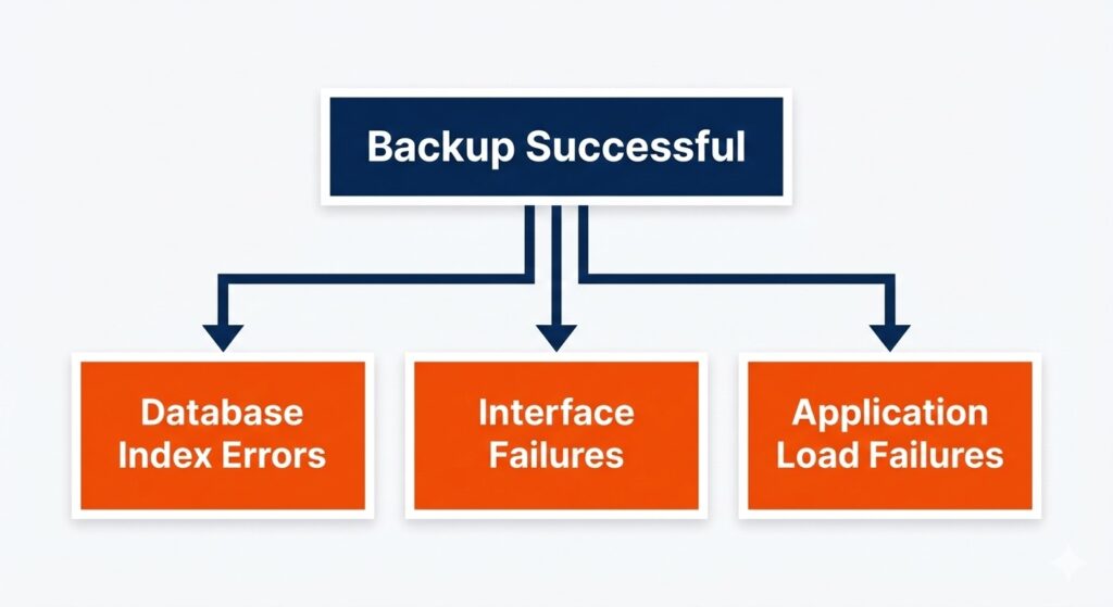 Flowchart showing post-restore clinical system failure points like database indexes and interface errors.