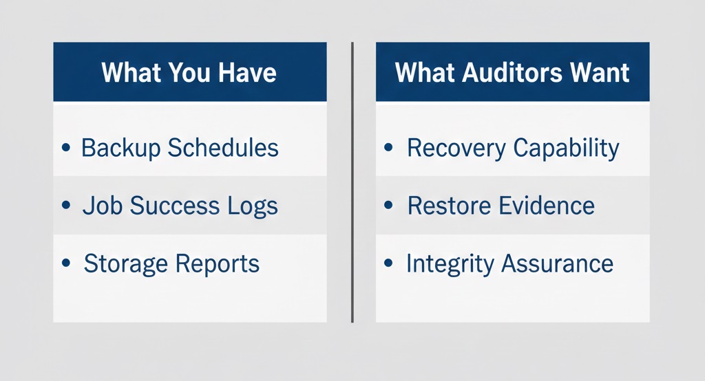Checklist comparing backup logs to auditor-required recovery evidence.