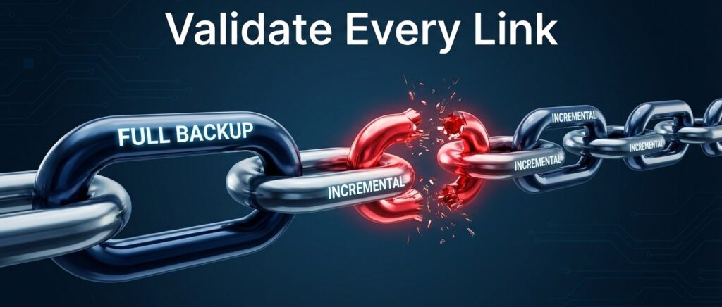 A visual representation of a broken incremental backup chain causing restore failure.