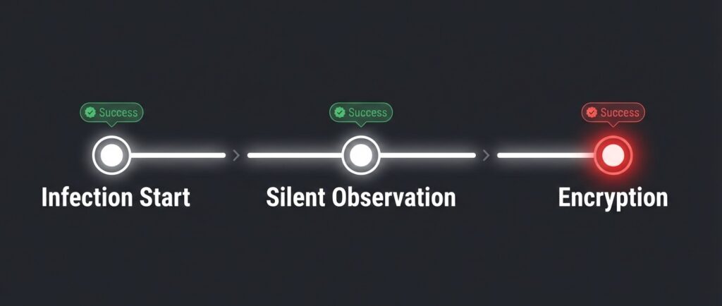 Timeline showing ransomware persistence and the infection of multiple restore points.
