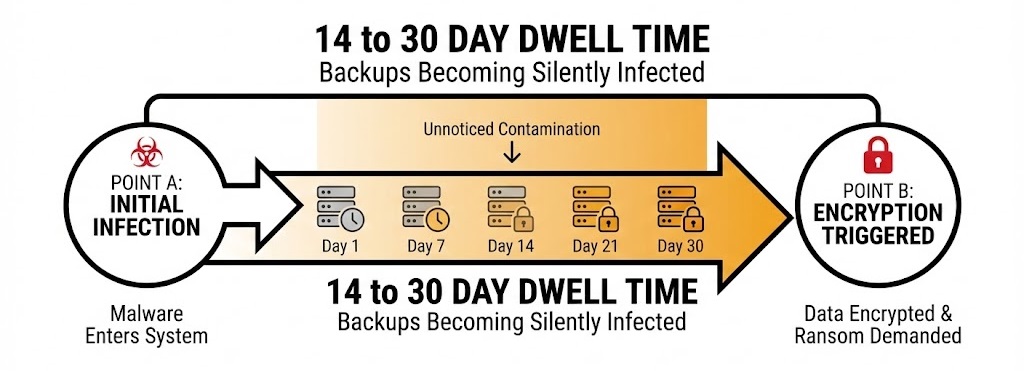 A timeline diagram showing how ransomware hides in backups during the dwell time before detection.