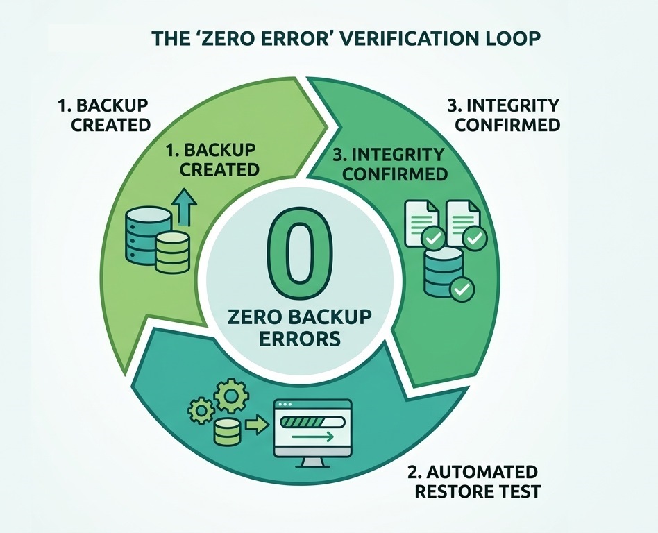 Circular process diagram for automated backup testing and recovery verification.