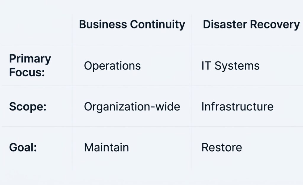 Comparison table between Business Continuity and Disaster Recovery showing focus, scope, and objectives.