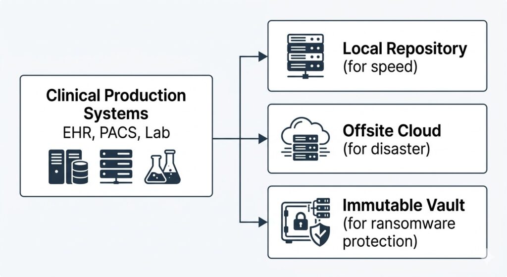 Diagram showing the flow of data from clinical systems to local, offsite, and immutable backup storage.