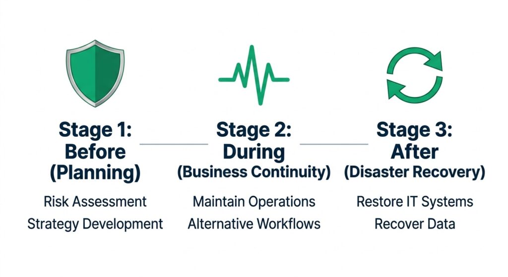 A timeline graphic showing Business Continuity maintaining operations during a disruption and Disaster Recovery restoring systems after.