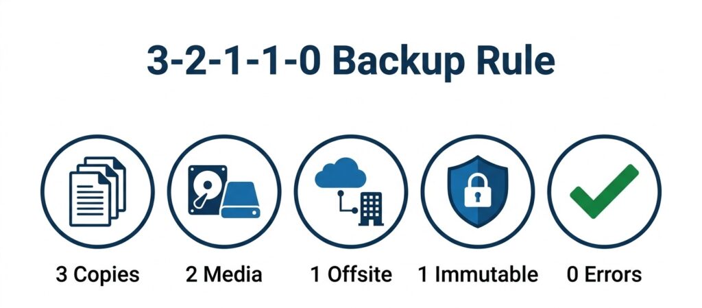 Infographic diagram explaining the 3-2-1-1-0 backup strategy for data protection.