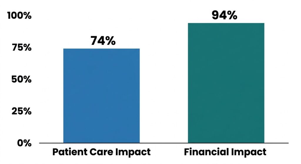 A bar chart showing the percentage of hospitals affected by patient care disruptions and financial loss after a cyberattack.
