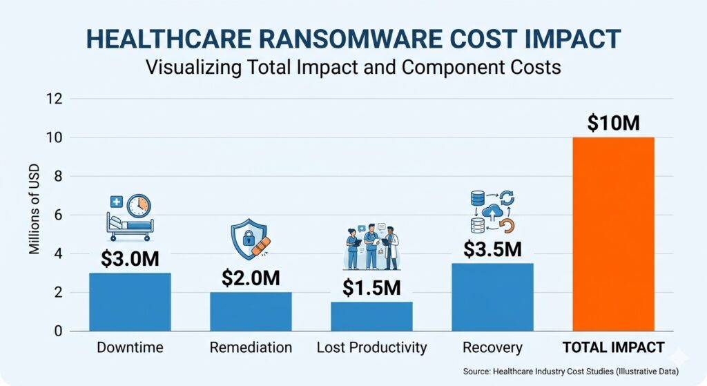 Bar chart showing the multi-million dollar impact of healthcare ransomware attacks.