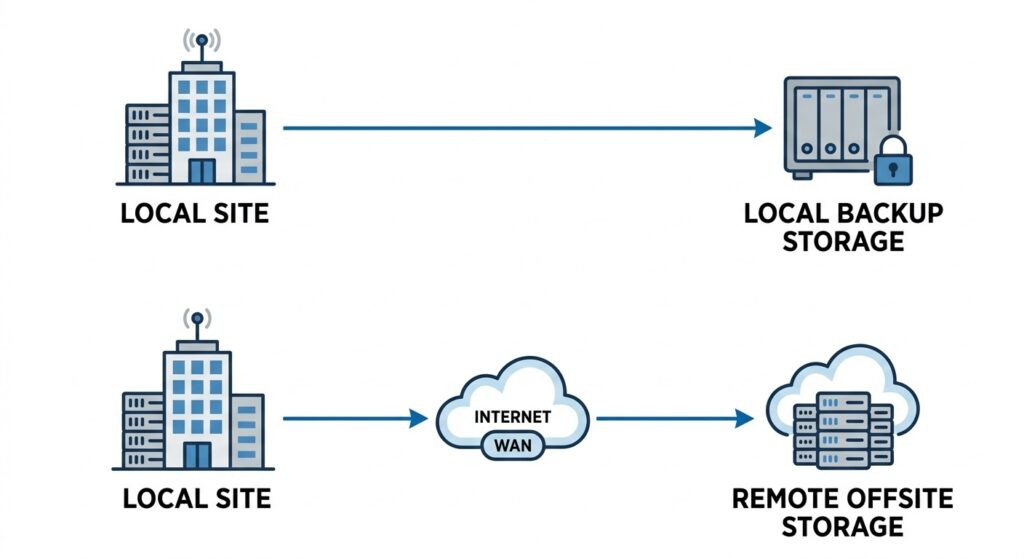 An illustration of a hybrid healthcare backup strategy combining local and cloud resources.