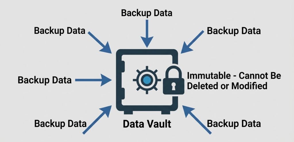 Infographic showing data moving into an immutable storage container protected from cyberattacks.