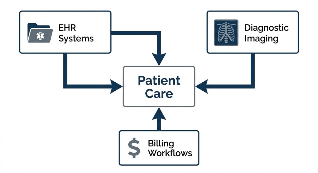 A flowchart showing how different healthcare systems like EHR and imaging are interconnected during a recovery process.