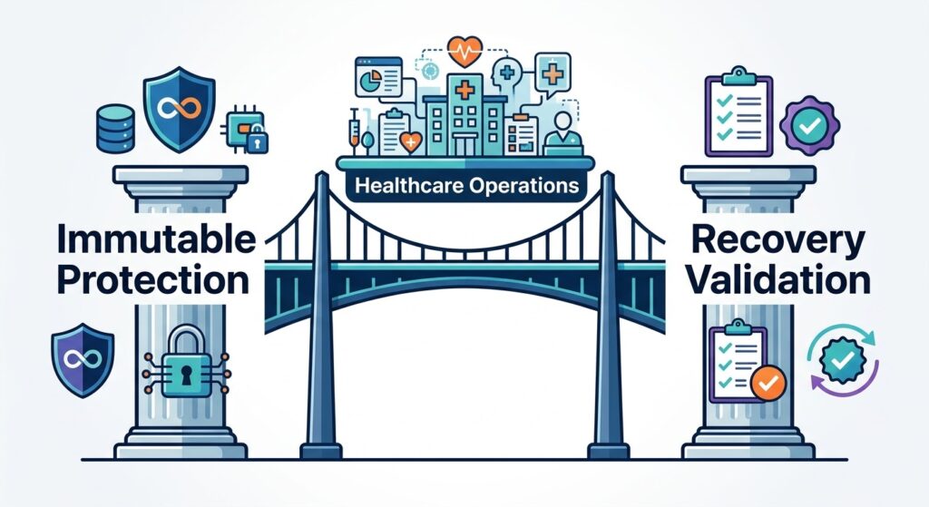 Conceptual graphic showing that backup protection must be combined with recovery testing to achieve total system trust.