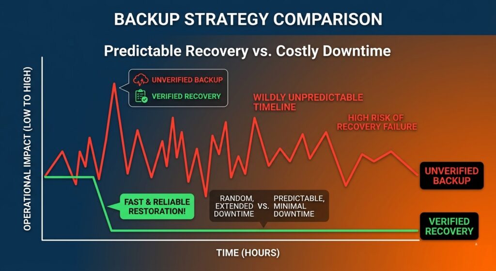 A graph comparing the time it takes to recover data with and without a verified recovery plan.
