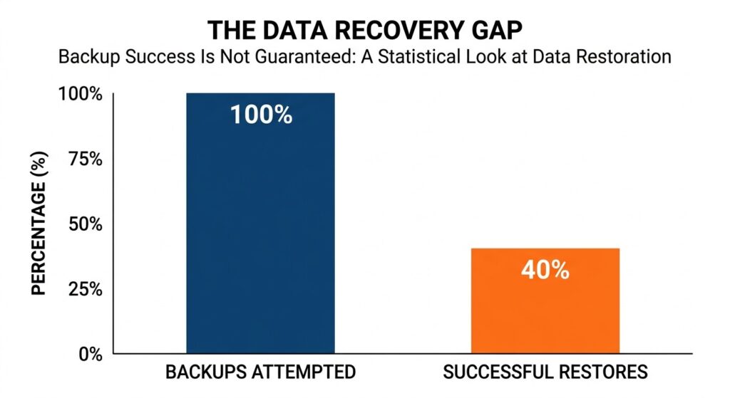 A bar chart showing that while many backups are attempted, a significant portion fail during the recovery process.