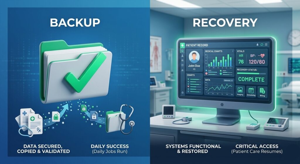 A comparison showing that a successful data backup is only the first step toward a functional system recovery.