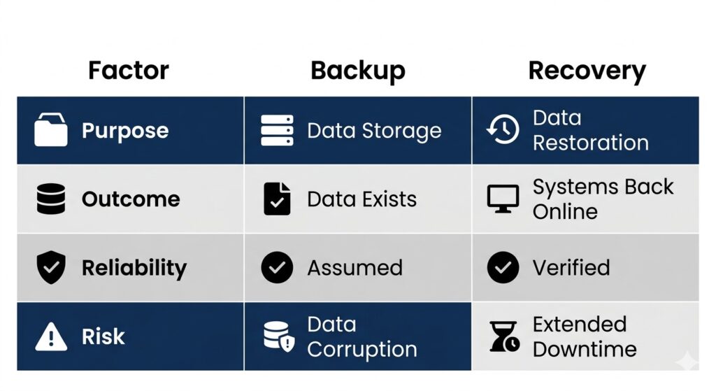 A comparison table with columns for Factor, Backup, and Recovery, highlighting that recovery is about usability and verification.