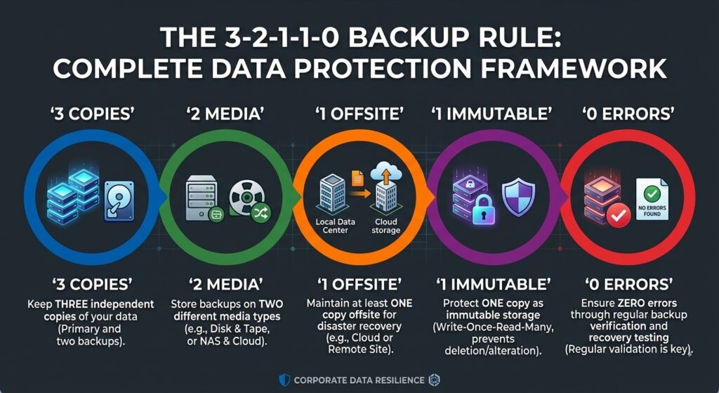 Infographic explaining the 3-2-1-1-0 backup rule for maximum healthcare data resilience.