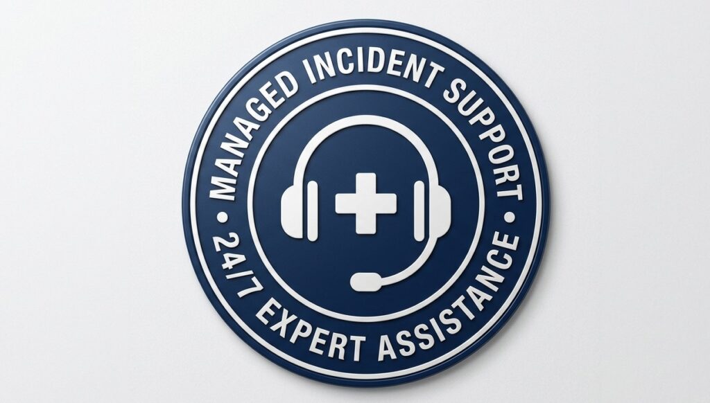 A service badge for 24/7 managed recovery support for healthcare providers.