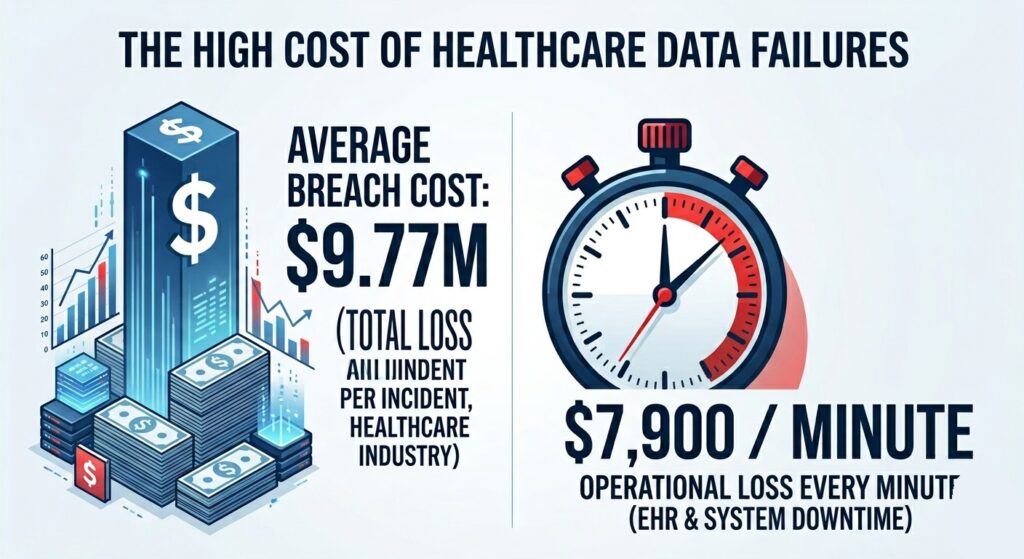 Infographic showing the high financial costs of healthcare data breaches and per-minute system downtime.