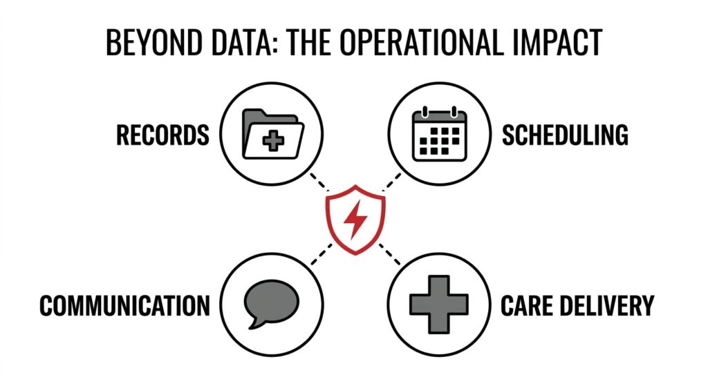 Infographic showing how ransomware disrupts the core pillars of healthcare operations including records and scheduling.