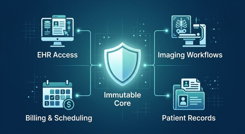A diagram showing a secure central backup hub supporting all critical healthcare operational systems.