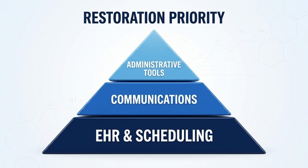 A pyramid chart showing the priority sequence for restoring healthcare systems after an attack.