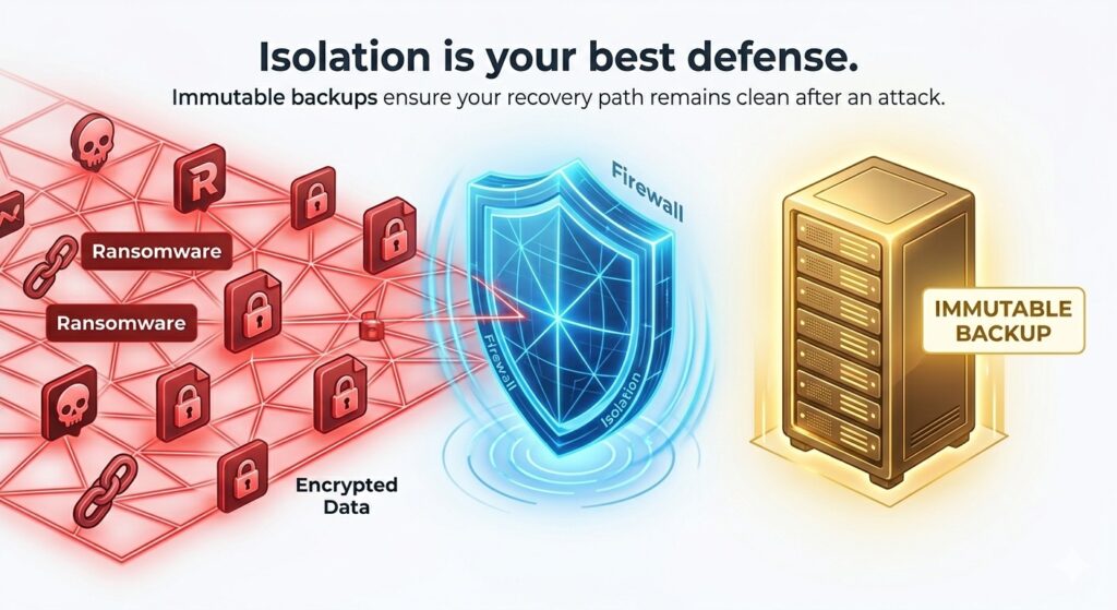 A digital shield protecting a backup server from a red ransomware lightning bolt.